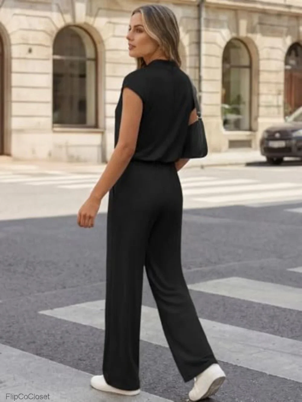 Women's Dressy Wide Leg Jumpsuit with Pockets Mock Neck Cap Sleeve